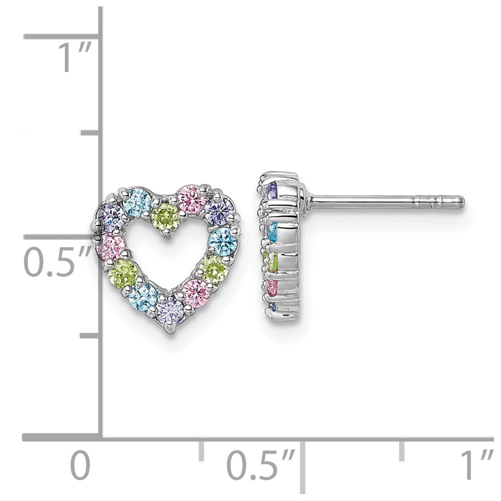 Sterling Silver Rhodium-plated Polished Pastel Blue, Pink, Green and Purple CZ Heart Post Earrings
