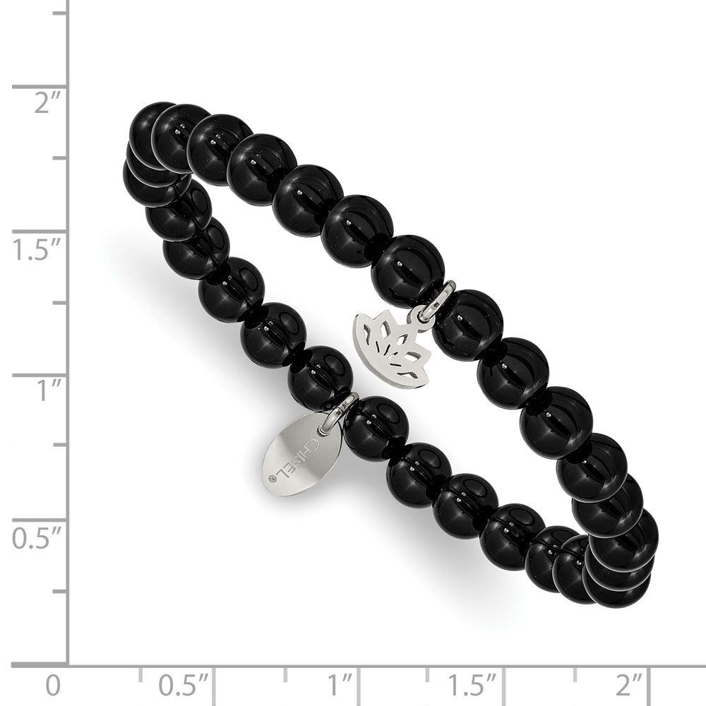 Stainless Steel Polished Lotus Black Agate Beaded Stretch Bracelet