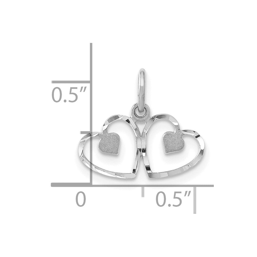 14k White Gold Satin And Diamond-cut Double Heart Charm