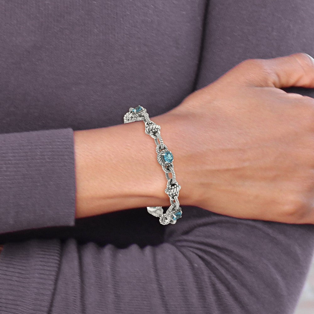 Shey Couture Sterling Silver Antiqued 7.75 Inch Round Swiss Blue Topaz Bracelet 7.75 inches