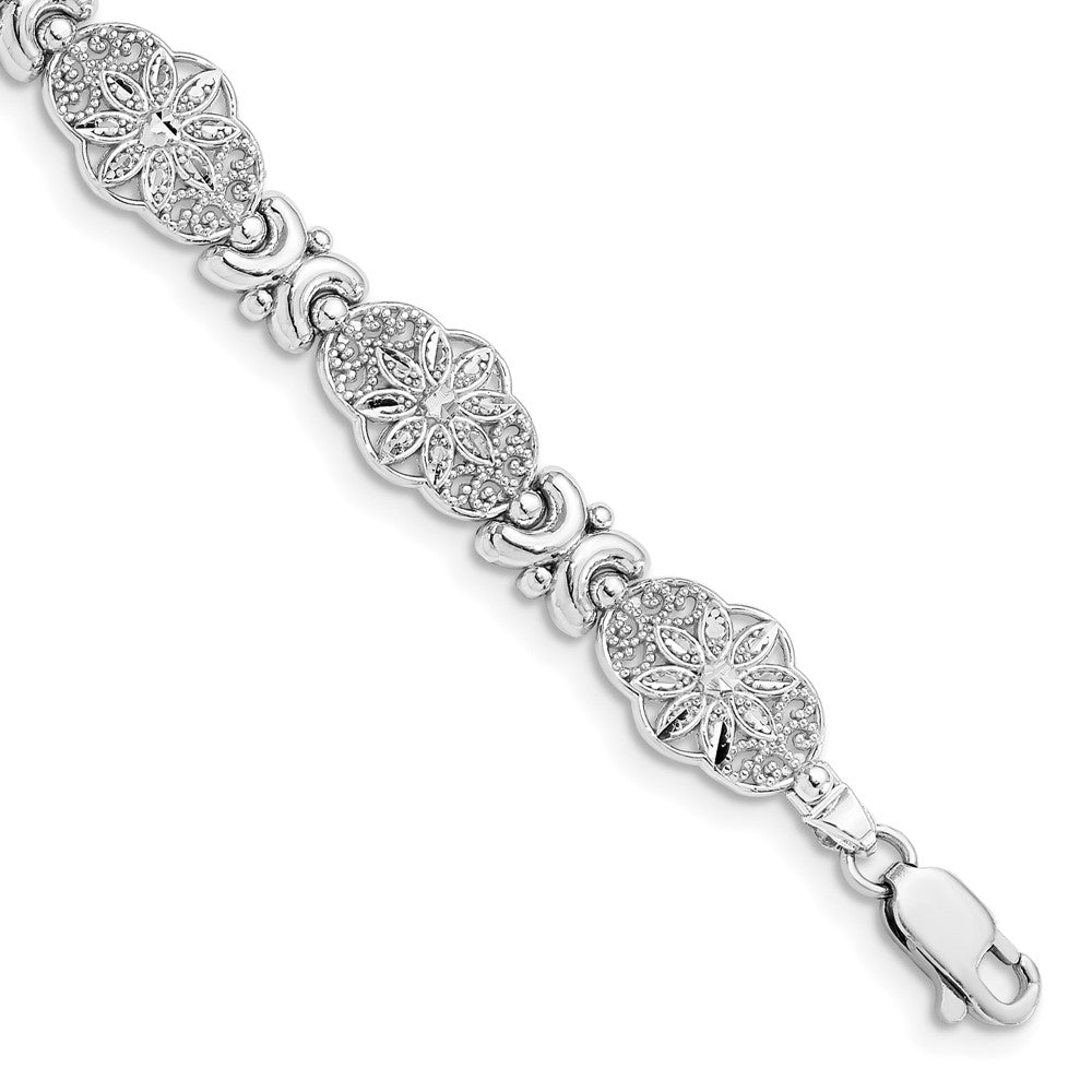 14K White Gold Fancy Floral Link Bracelet 7.5 inches