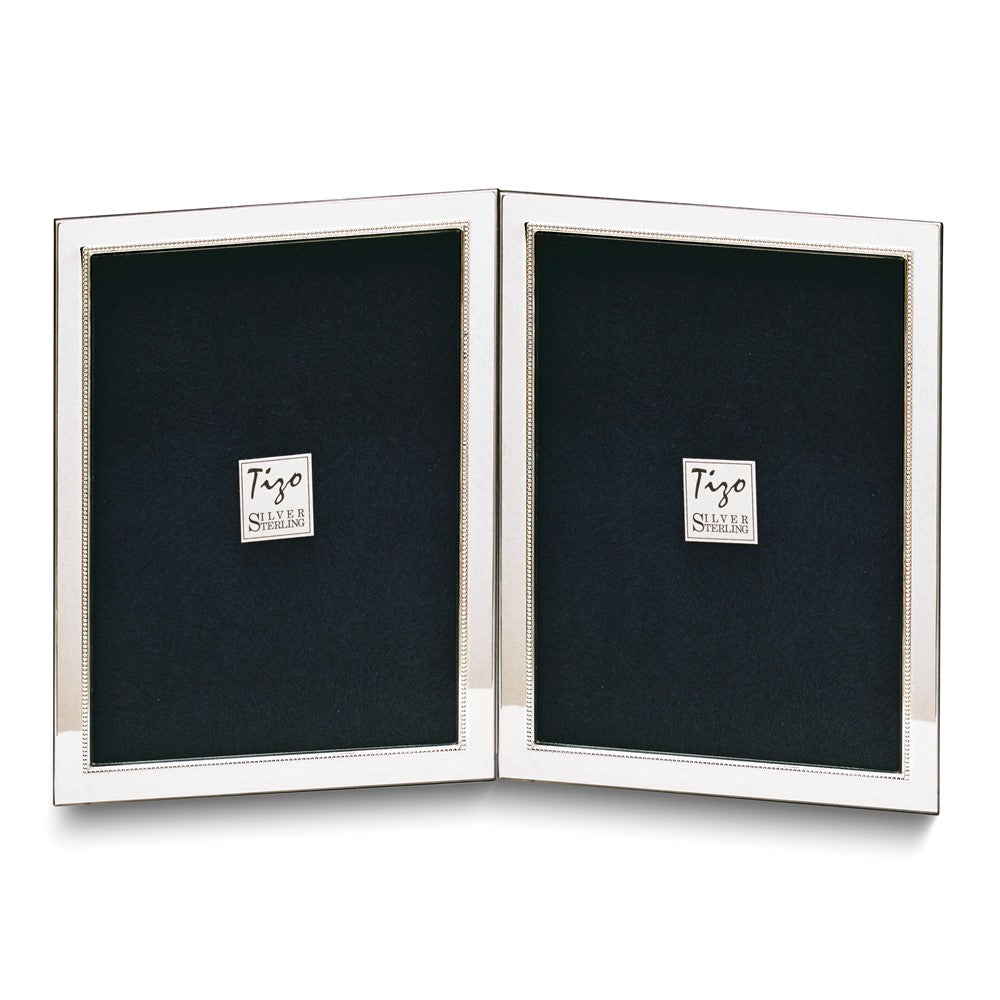 Sterling Silver Tarnish Resistant Narrow Portrait Hinged Beaded Double 4x6 Photo Frame with Finished Wood Back