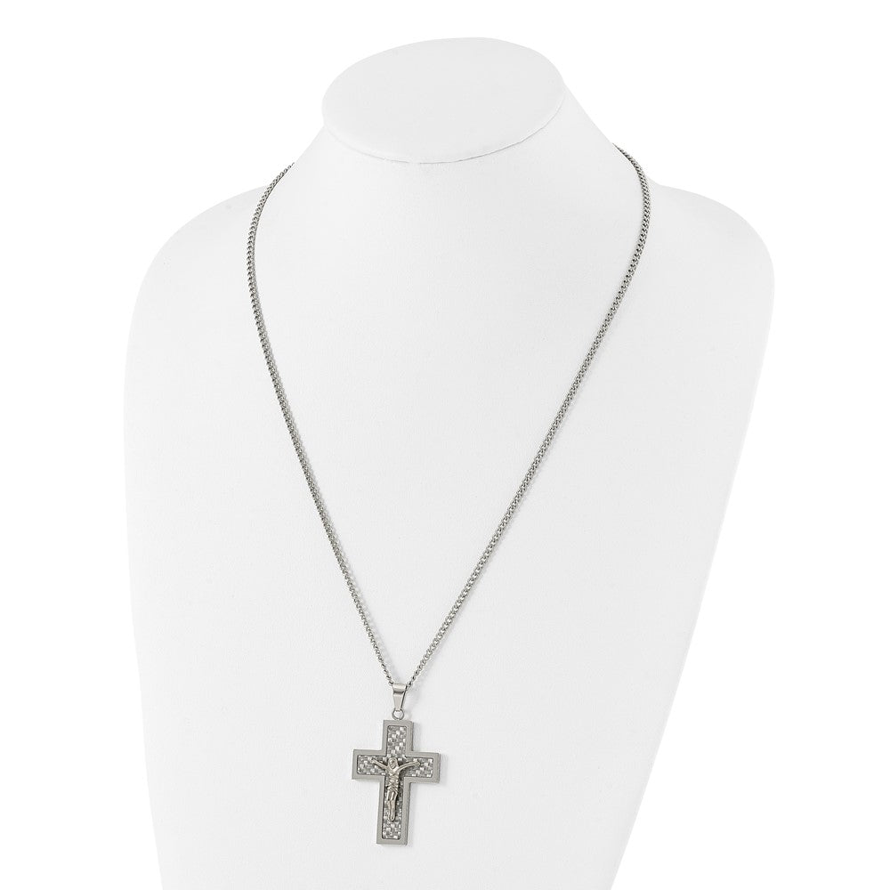Stainless Steel Polished Yellow IP Grey CarbonFiber Inlay Crucifix Necklace