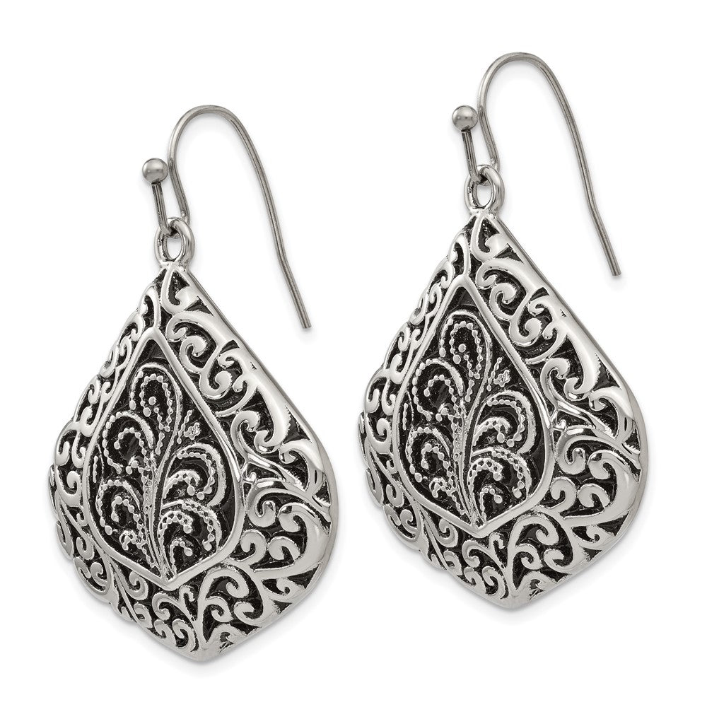 Stainless Steel Antiqued Polished & Textured Shepherd Hook Earrings