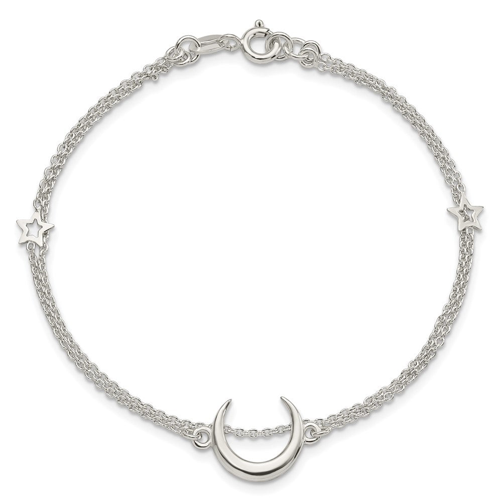 Sterling Silver Polished Moon and Stars 2-strand 7.5in Bracelet 7.5 inches