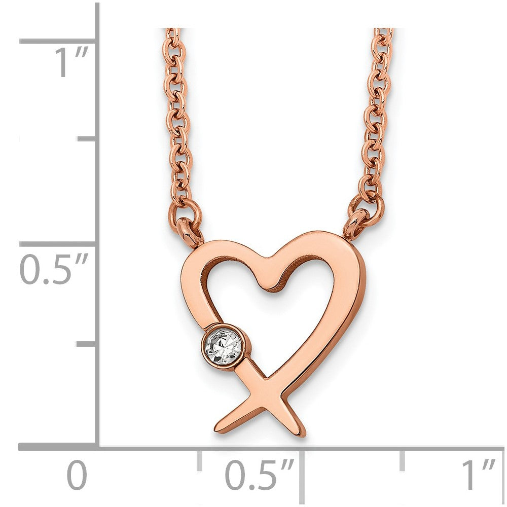 Stainless Steel Polished Rose IP w/Austrian Crystal Heart w/2in ext Necklac