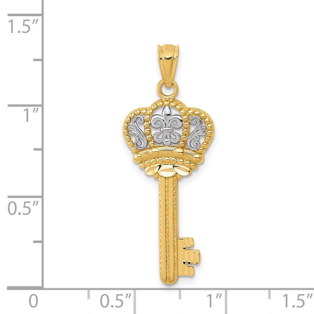 14K w/White Rhodium Polished Fleur De Lis Crown Key Charm