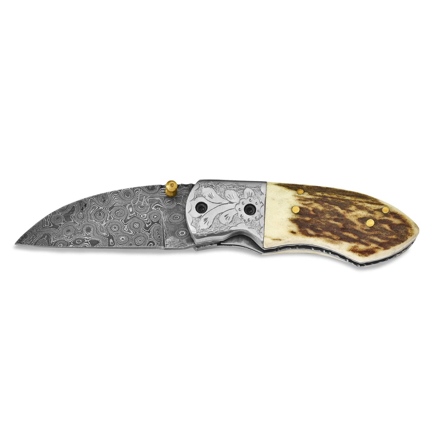 Luxury Giftware Damascus Steel 256 Layer Folding Blade Steel Guard Staghorn Handle Knife with Leather Sheath and Wooden Gift Box QKN1610