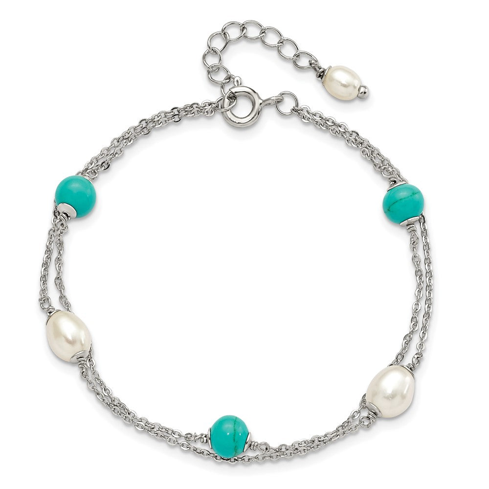Sterling Silver Rhodium-plated Turquoise/FWC Pearl w/1in Ext Bracelet 7 inches