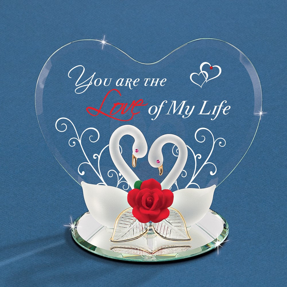 Glass Baron Swan Pair with Red Rose YOU ARE THE LOVE OF MY LIFE Handcrafted Glass Figurine
