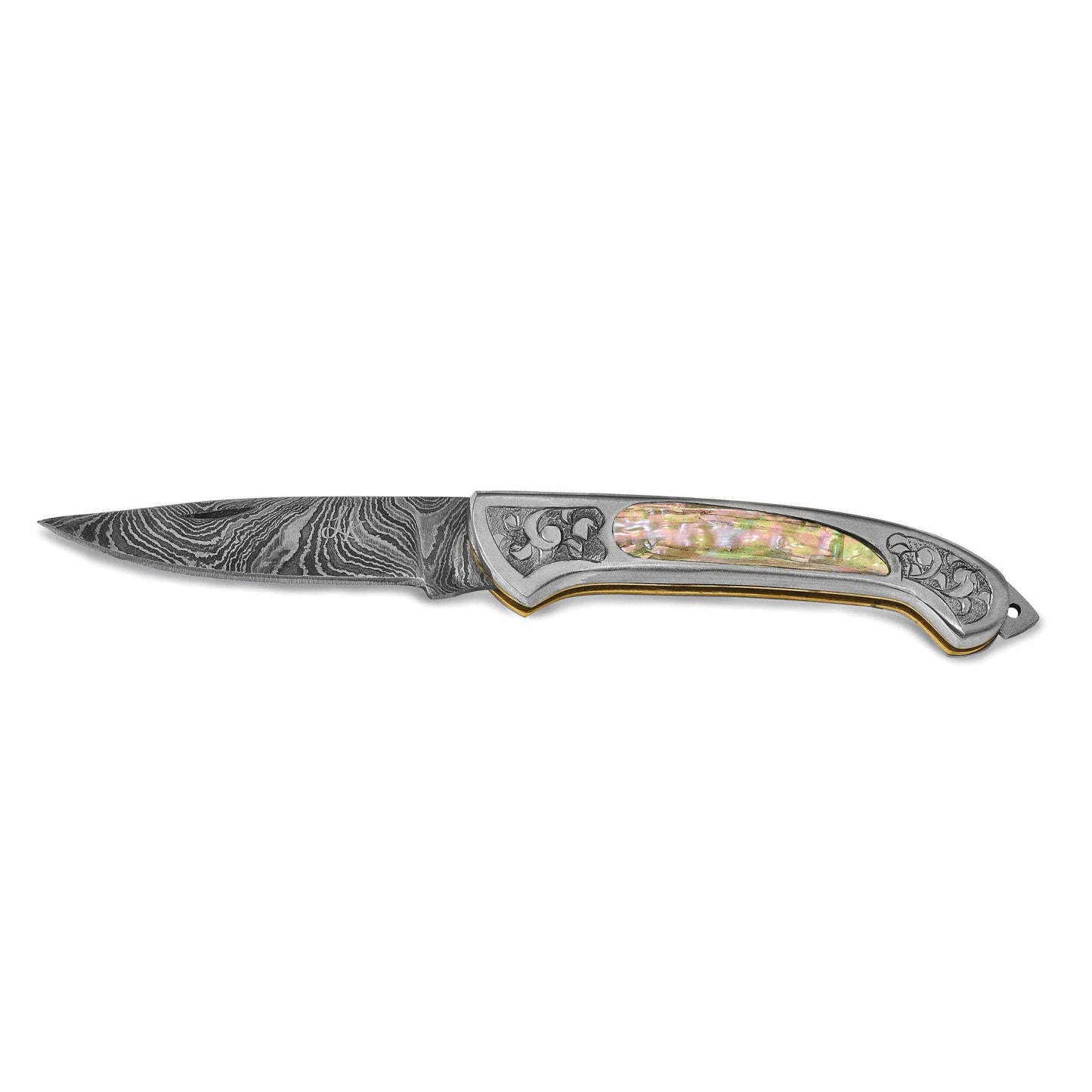 Luxury Giftware Damascus Steel 256 Layer Folding Blade Abalone Handle Knife with Leather Sheath and Wooden Gift Box QKN72920