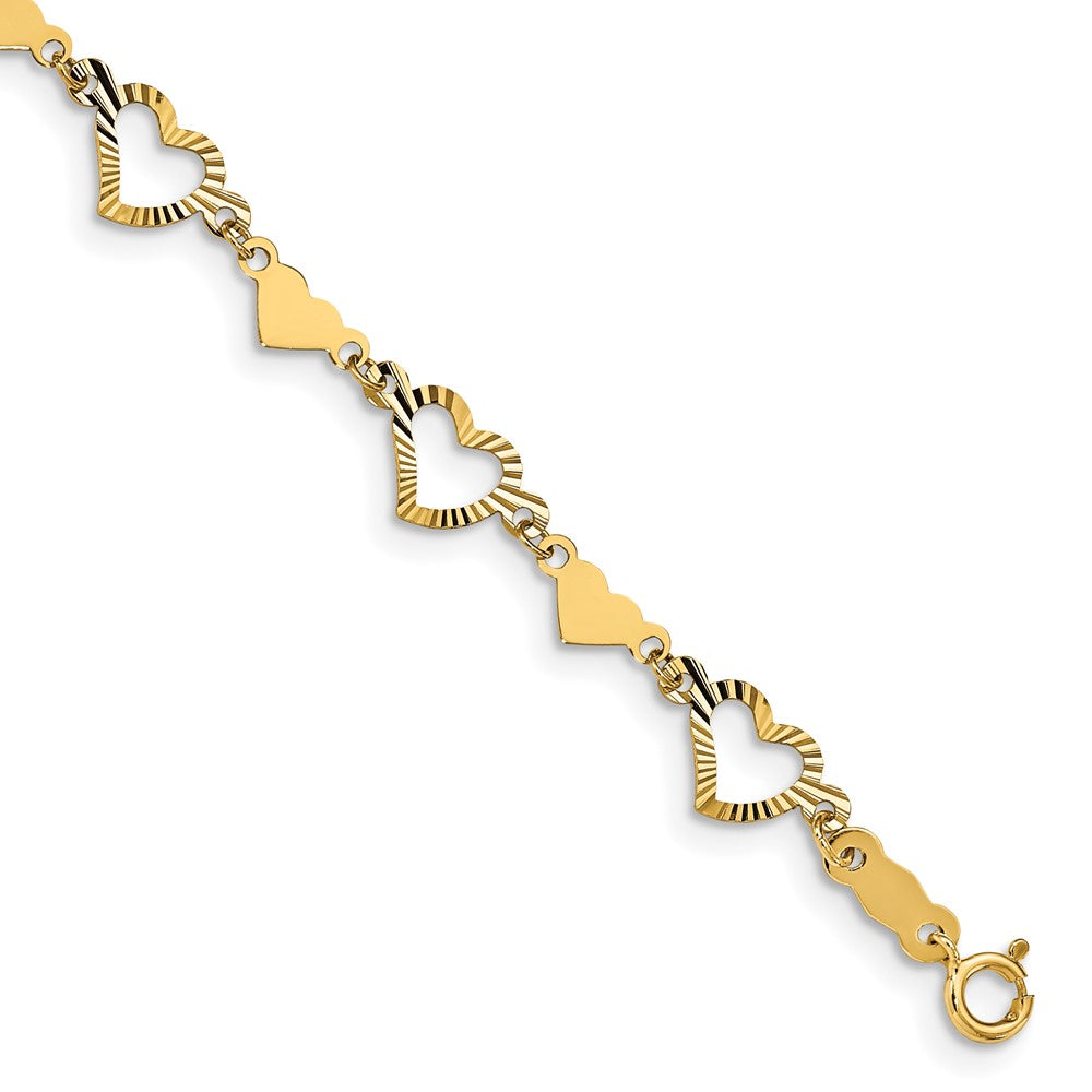 14k Polished Diamond-cut Open & Stamp Heart Bracelet 7.5 inches