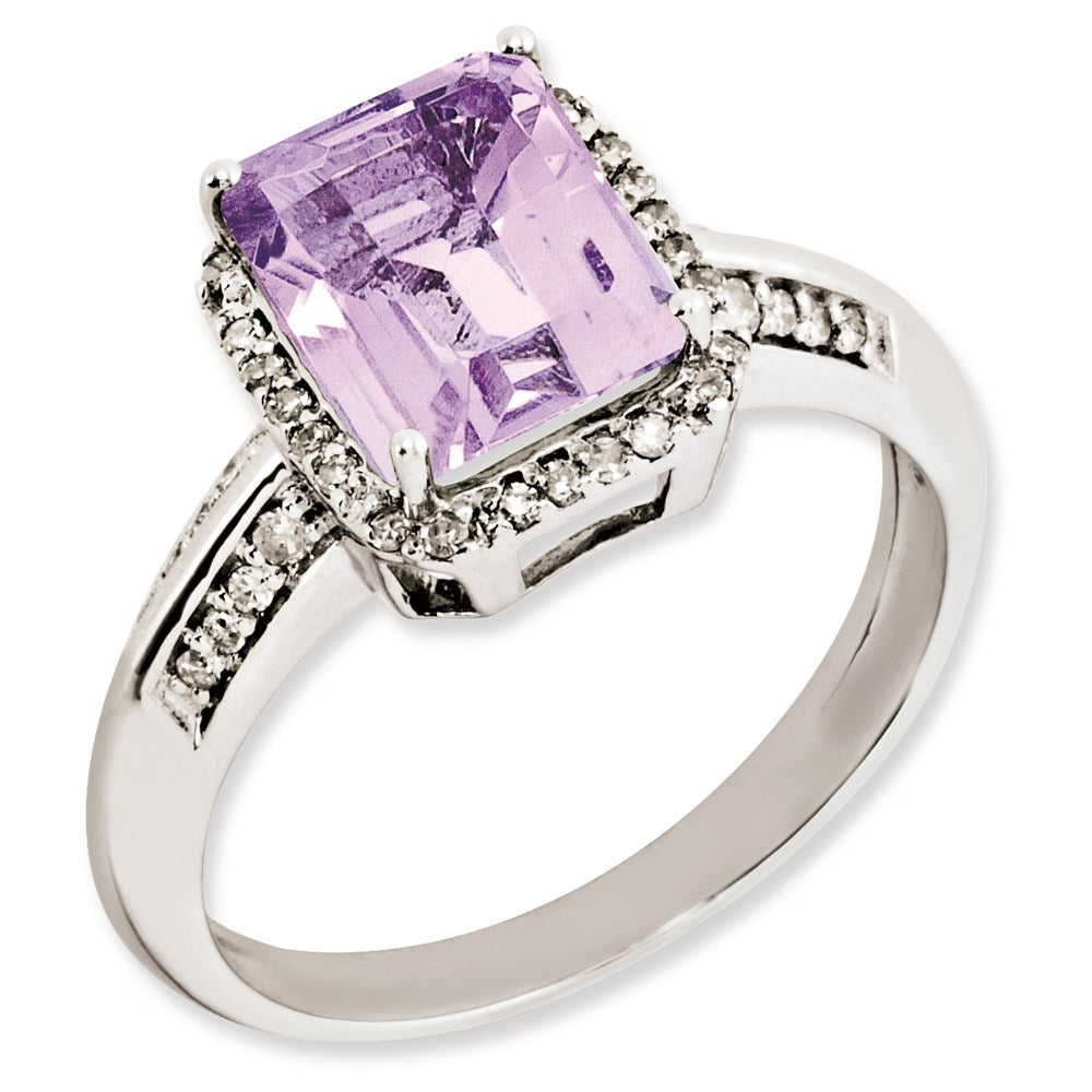 Sterling Silver Rhodium-plated Diamond & Pink Quartz Ring