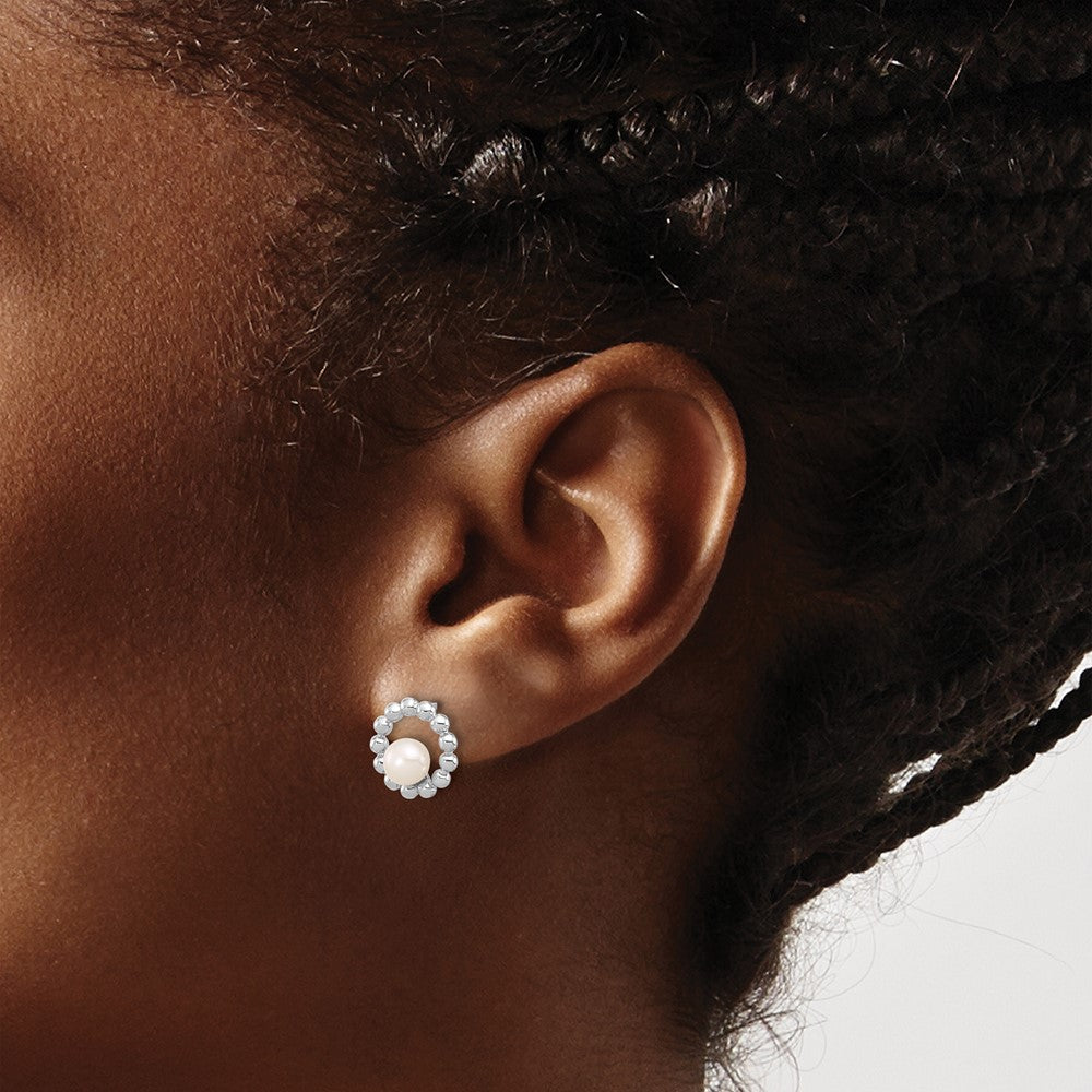 Sterling Silver Rhodium-plated 5-6mm White Button Freshwater Cultured Pearl Circle Post Earrings