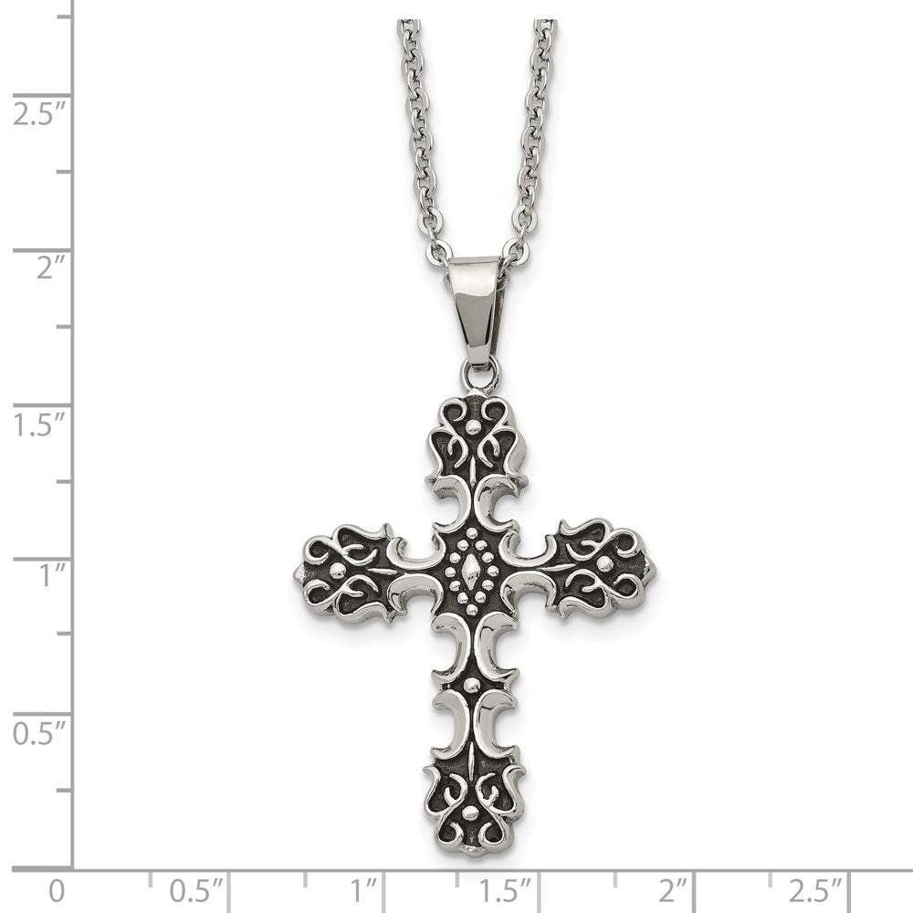 Stainless Steel Antiqued Polished and Textured Cross 22in Necklace
