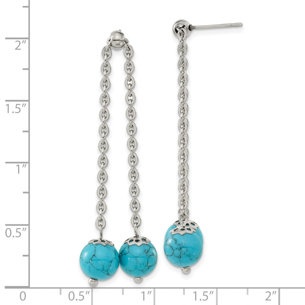 Stainless Steel Polished w/Syn. Turquoise Moveable Dangle Post Earrings