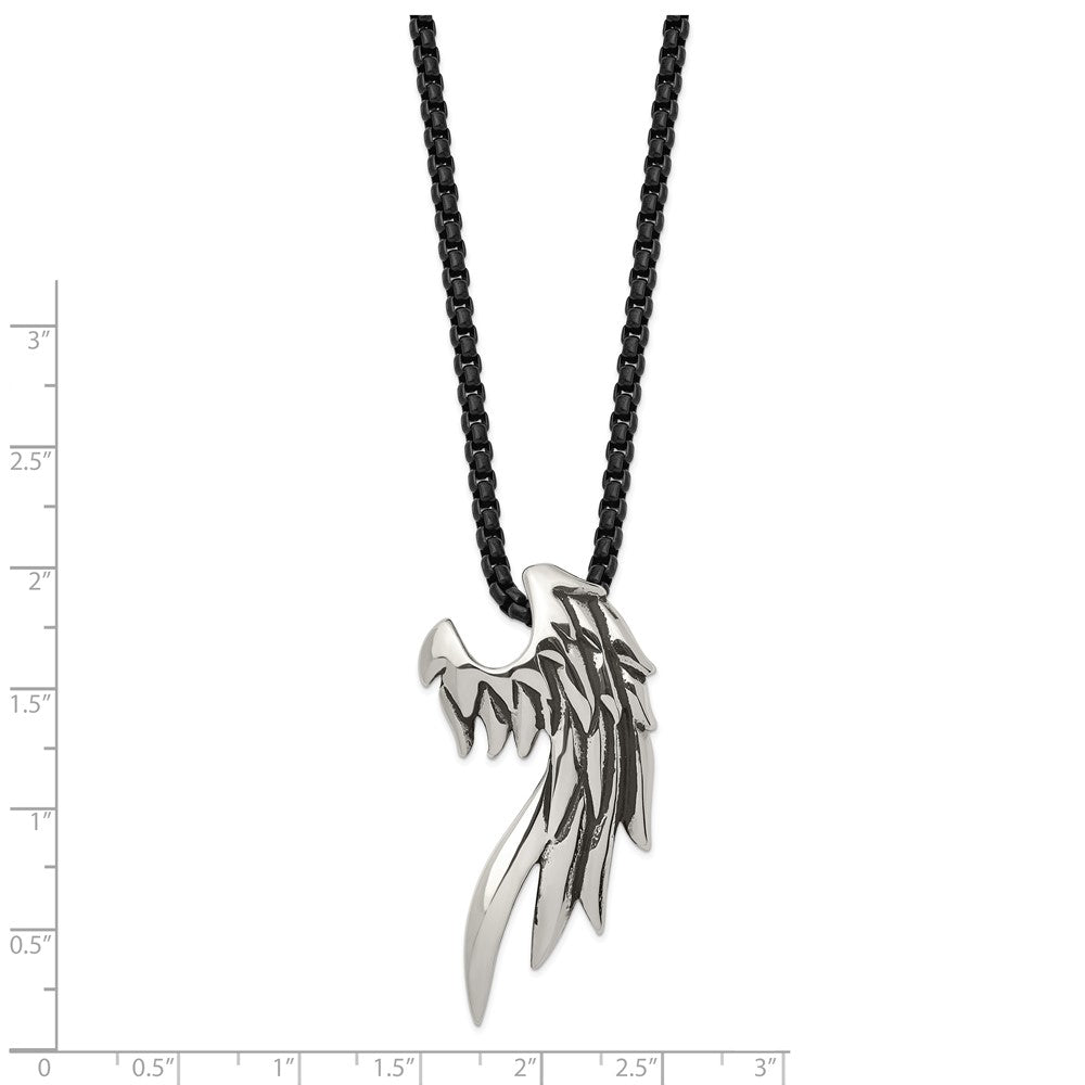 Stainless Steel Antiqued and Polished Wing Black IP-plated 20in Necklace