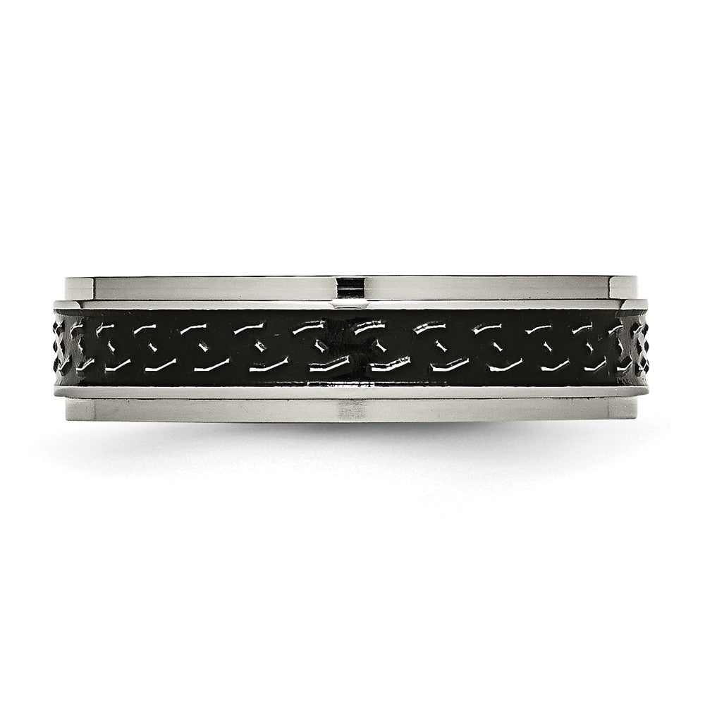 Titanium Polished Black Enamel Braid Design 6mm Ridged Edge Band Size - 7