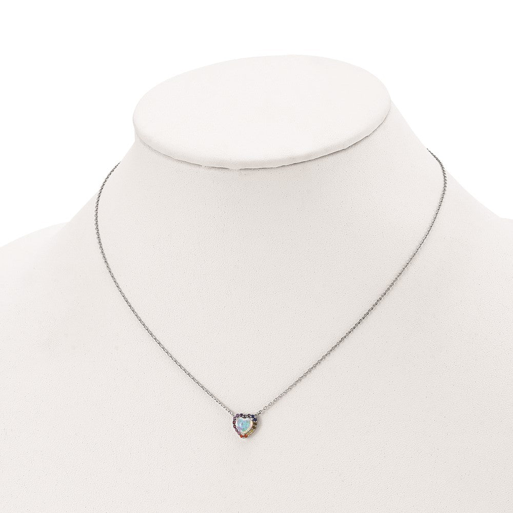 Sterling Silver Rhodium-plated 16 inch Lab Created Opal and Colorful CZ Heart Necklace with 2 inch Extender 16 Inches
