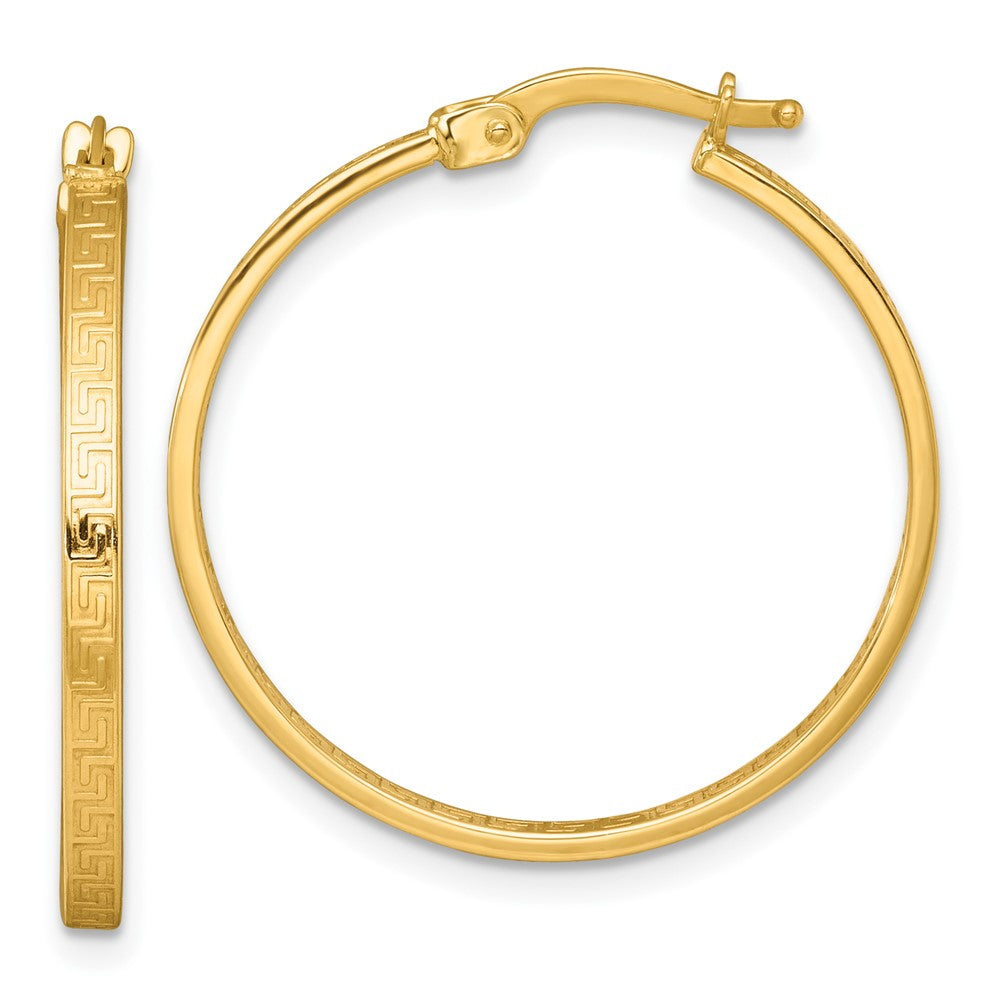 10k Polished 1.75 x 27mm Greek Key In/Out Square Tube Hoop Earrings