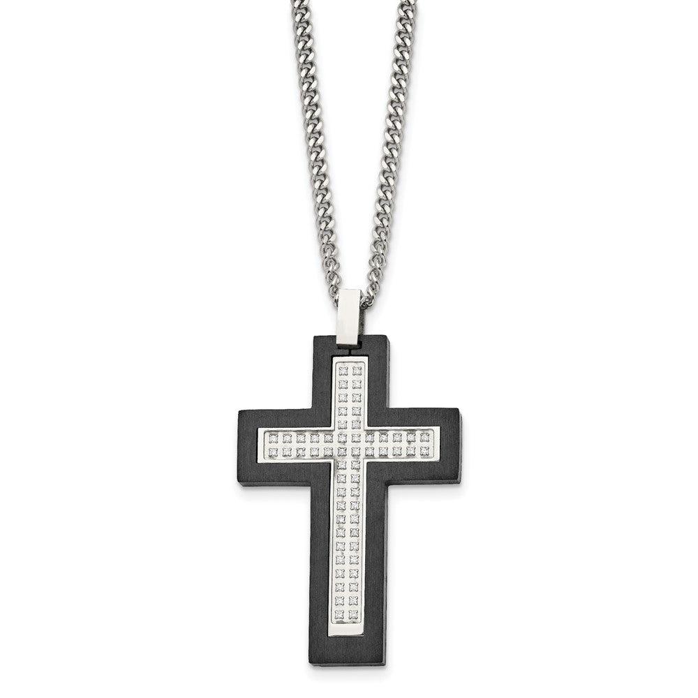 Stainless Steel Brushed and Polished Black IP CZ Cross Necklace