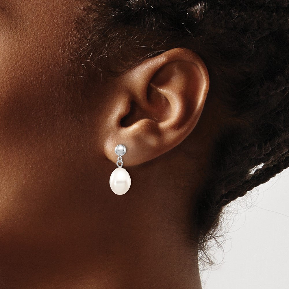 10k White Gold 7-8mm White Rice Freshwater Cultured Pearl Dangle Post Earrings