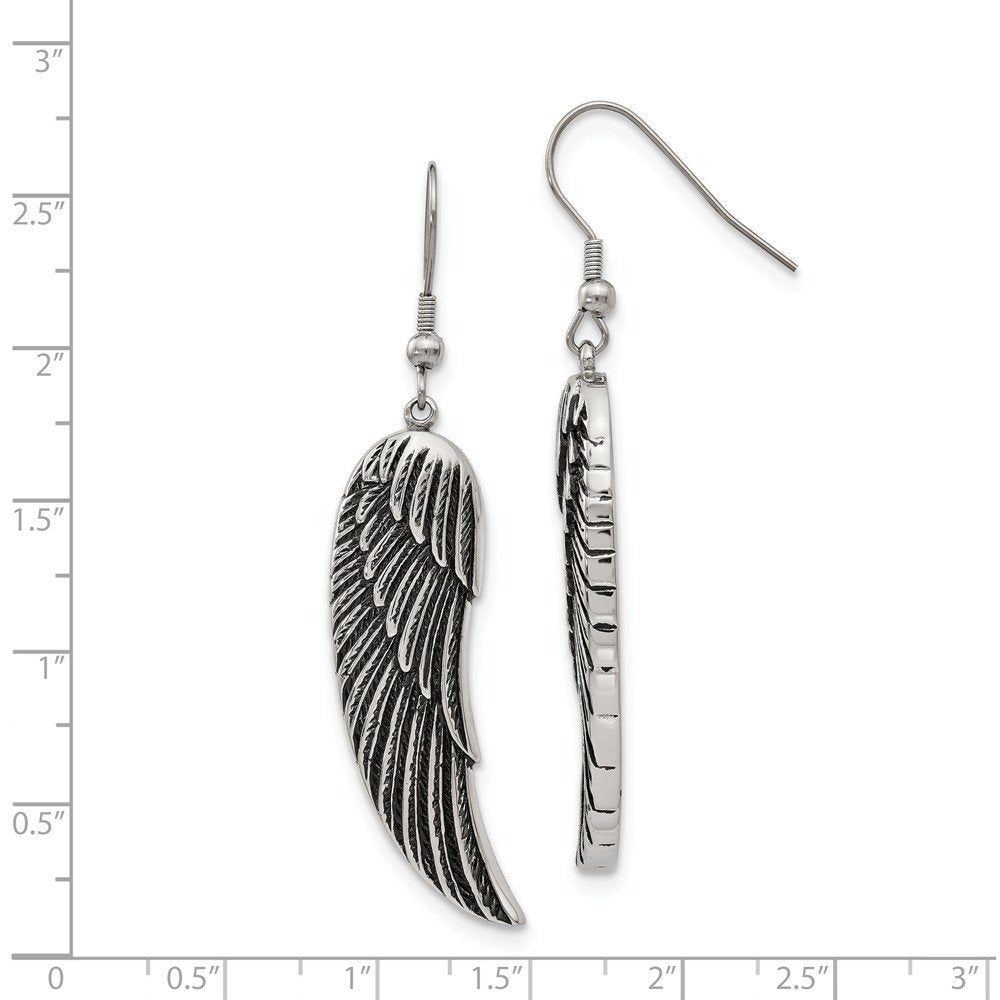 Stainless Steel Antiqued and Polished Wing Dangle Shepherd Hook Earrings