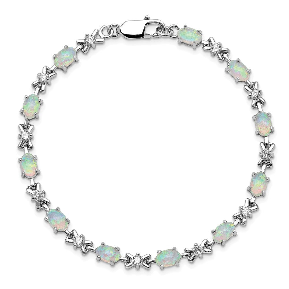 Sterling Silver Rhodium Plated 7inch CZ/Created Opal XO Bracelet 7 inches