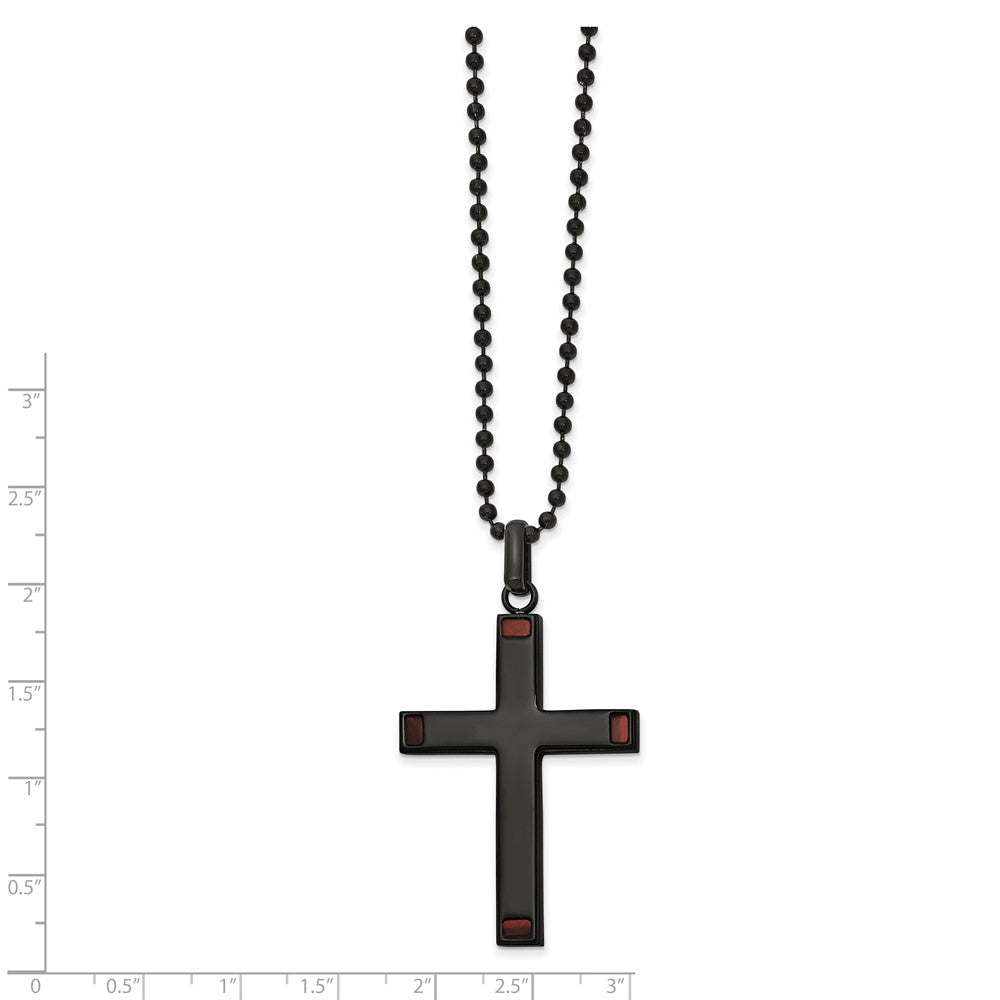 Stainless Steel Polished Black IP-plated w/Tiger's Eye Cross 22in Necklace
