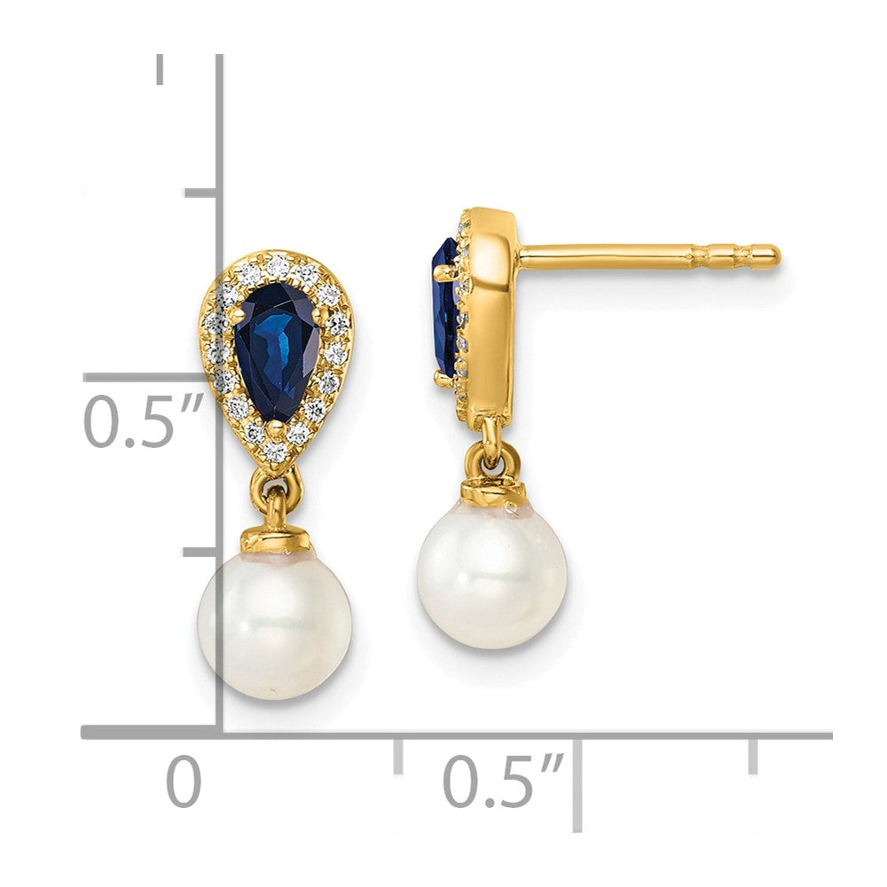 14K Gold Polished Diamond, Pearl & Sapphire Dangle Post Earrings