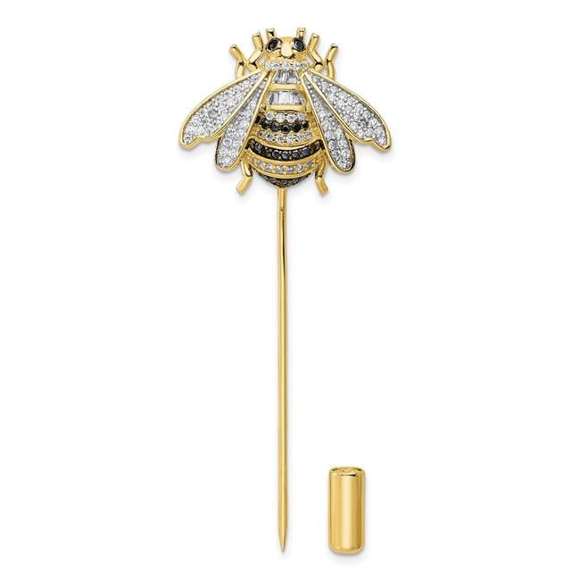 Finest Gold Sterling Silver Rhodium-Plated Gold Tone Black & Clear CZ Bumblebee Pin