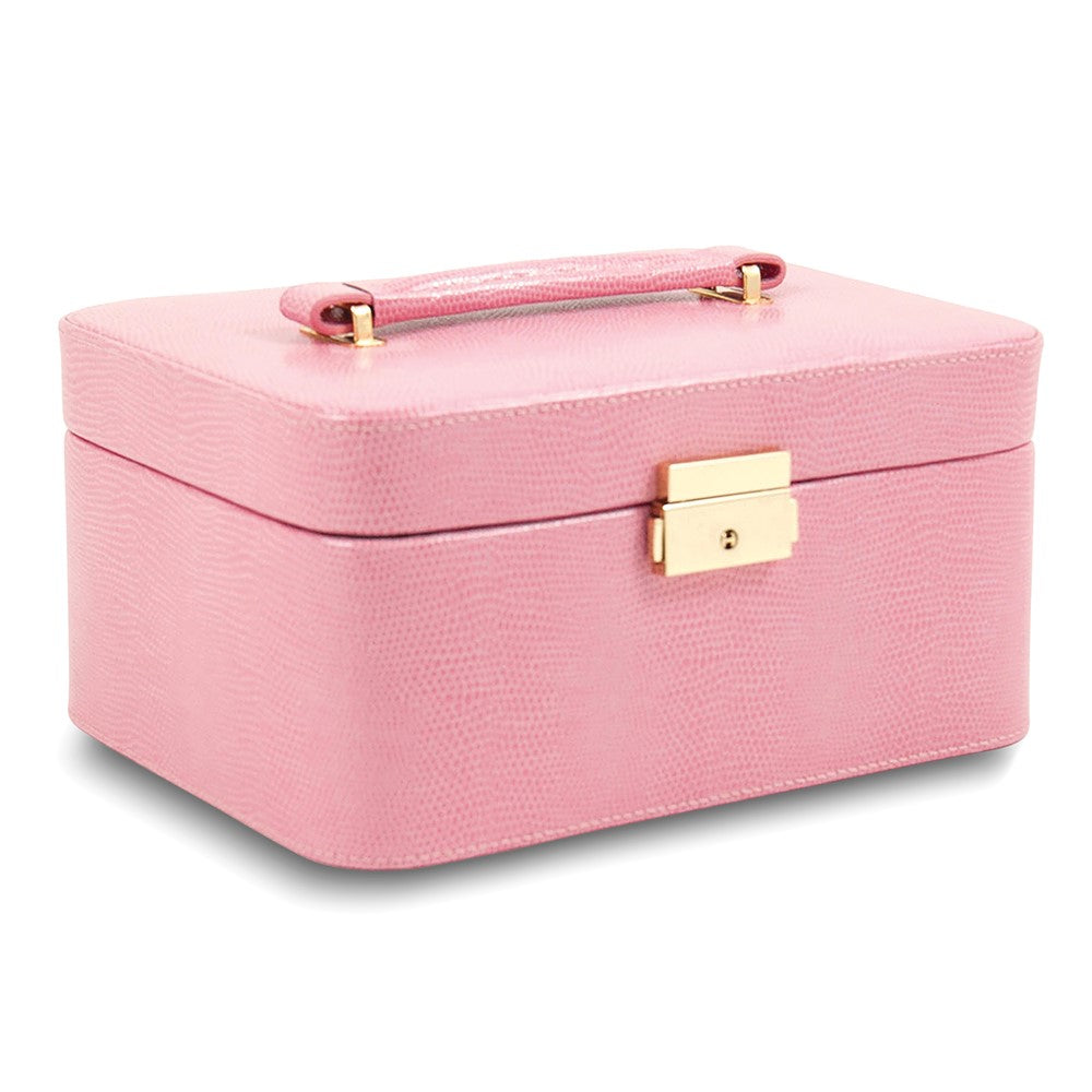 Pink Lizard Textured Bonded Leather with Mirror and Top Handle Velour Lined Locking Jewelry Case with Removable Tray and Travel Case GM8765