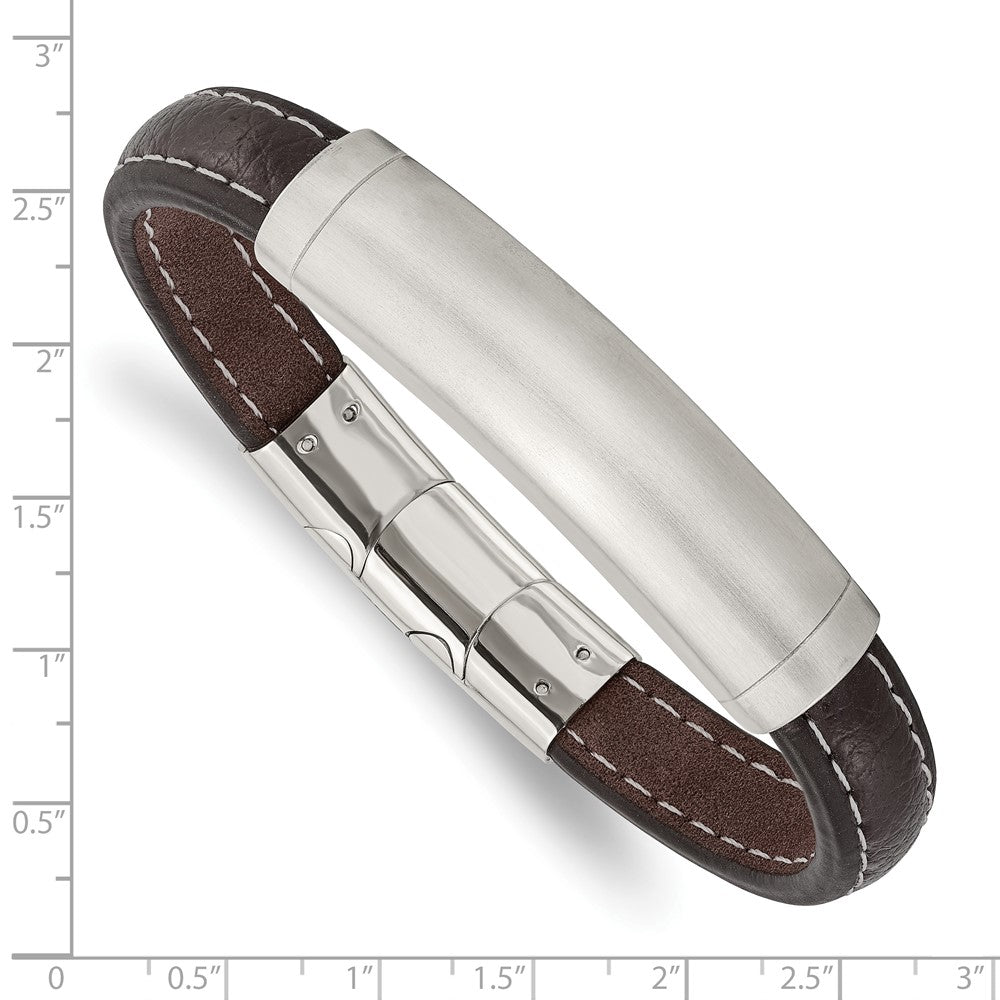 Stainless Steel Brushed Dark Brown Leather 8in w/.5in ext. ID Bracelet 8 inches