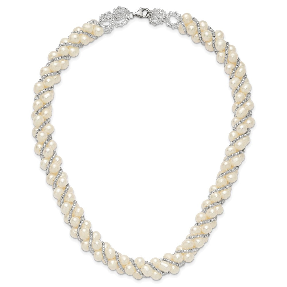 Sterling Silver Rhodium-plated 6-7mm White Near-Round Pearl and Glass Beaded Twisted 18 inch Necklace 18 Inches