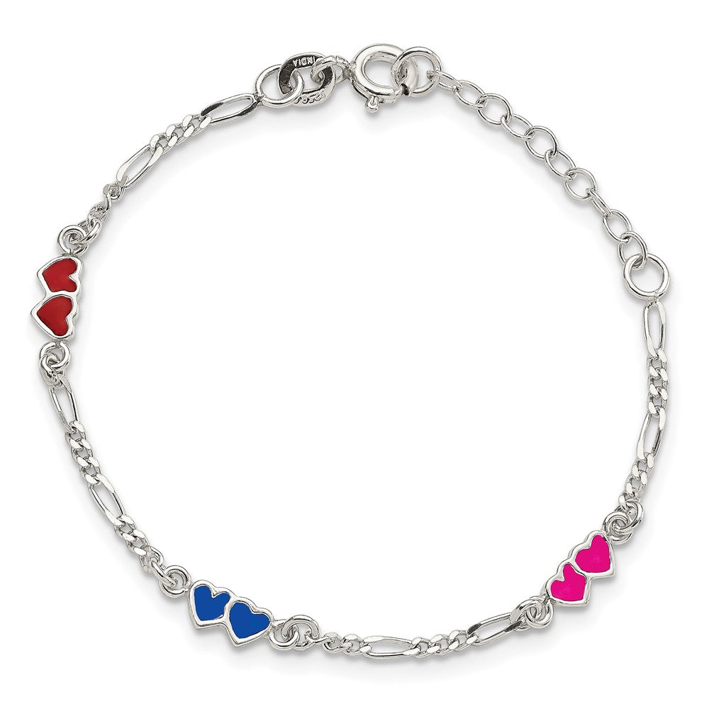 Sterling Silver Polished & Multi-color Enameled Double Heart with 1 Inch Extension Children's Bracelet 6 inches