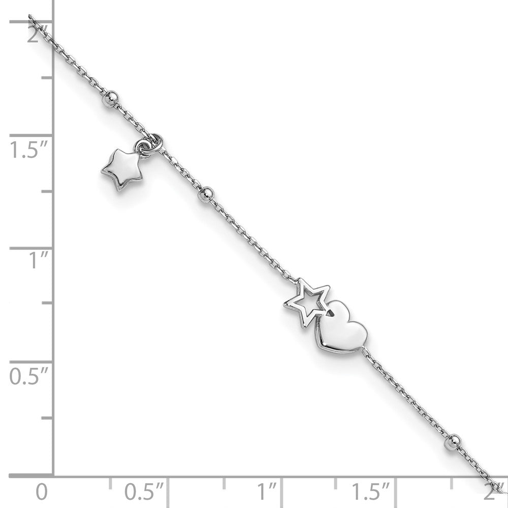 Sterling Silver Rhodium-plated Heart and Stars with Beads 9 inch with 1 inch Extension Anklet