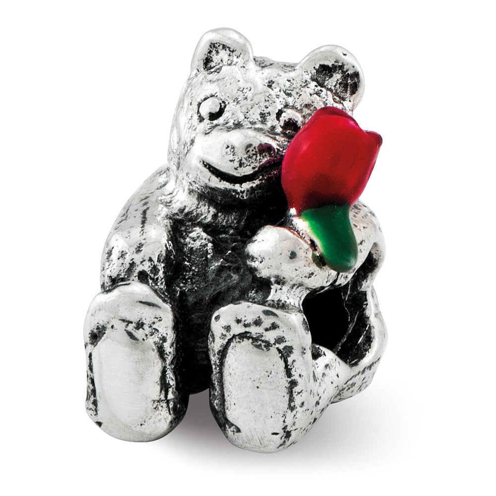 925 Sterling Silver Polished Artisan Oxidized Teen Reflections Bear With Flower Bead Charm Pendant Necklace 10x6.36mm Wi