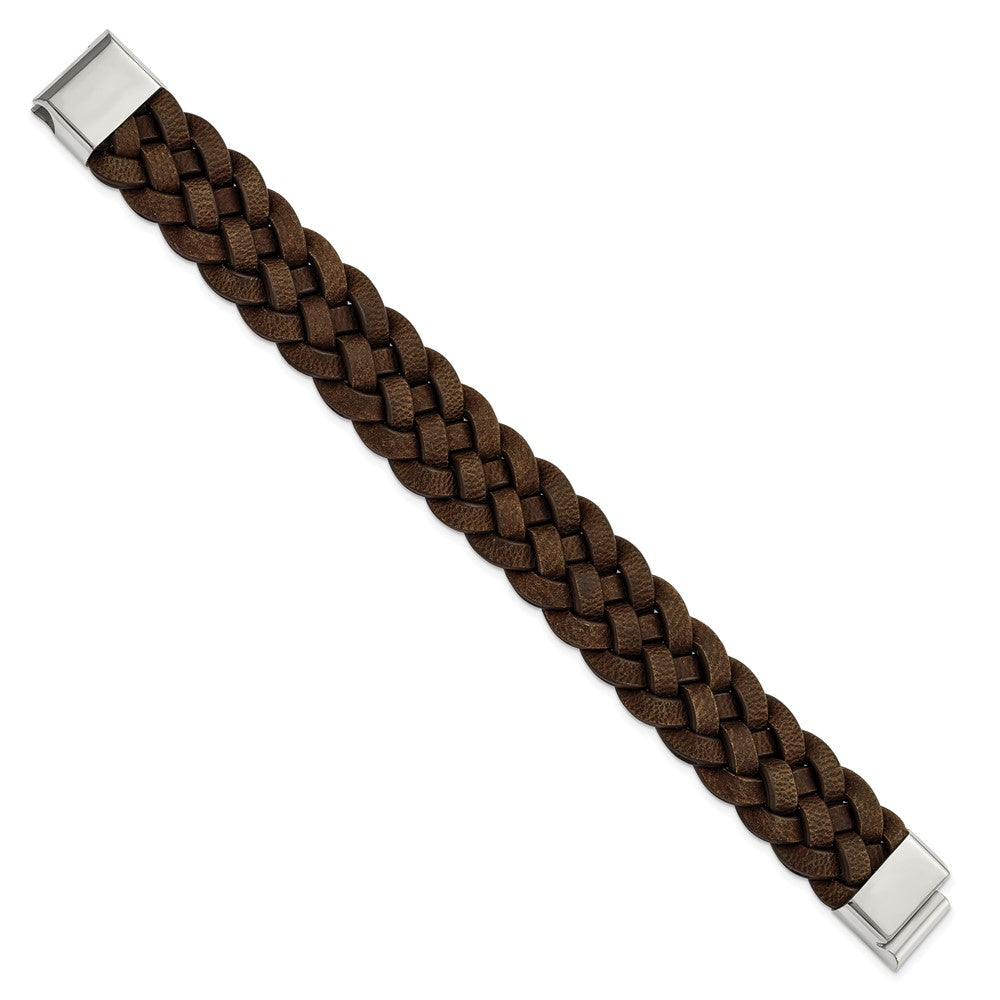 Stainless Steel Polished Woven Brown Leather 8.75in Bracelet 8.75 inches