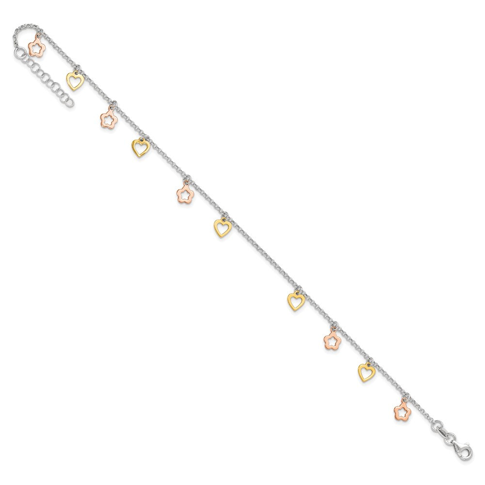 Sterling Silver Gold and Rose-tone Heart Flower 9in Plus 1in ext. Anklet 9 inches