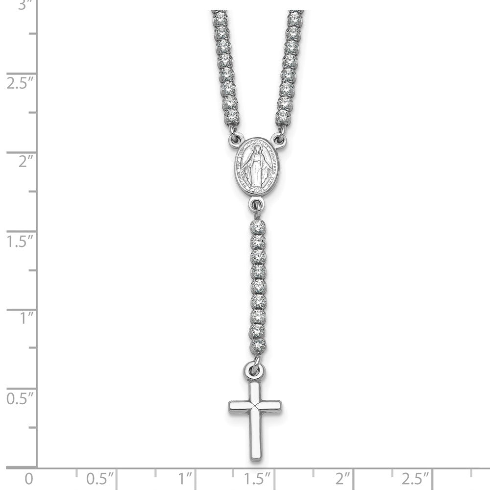 Sterling Silver Rhodium-plated Polished CZ 15.5 inch with 2 inch extender Rosary Necklace