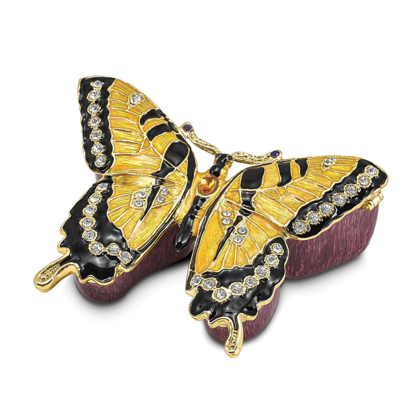 Bejeweled Pewter Opal Yellow Monarch Butterfly Trinket Box Design