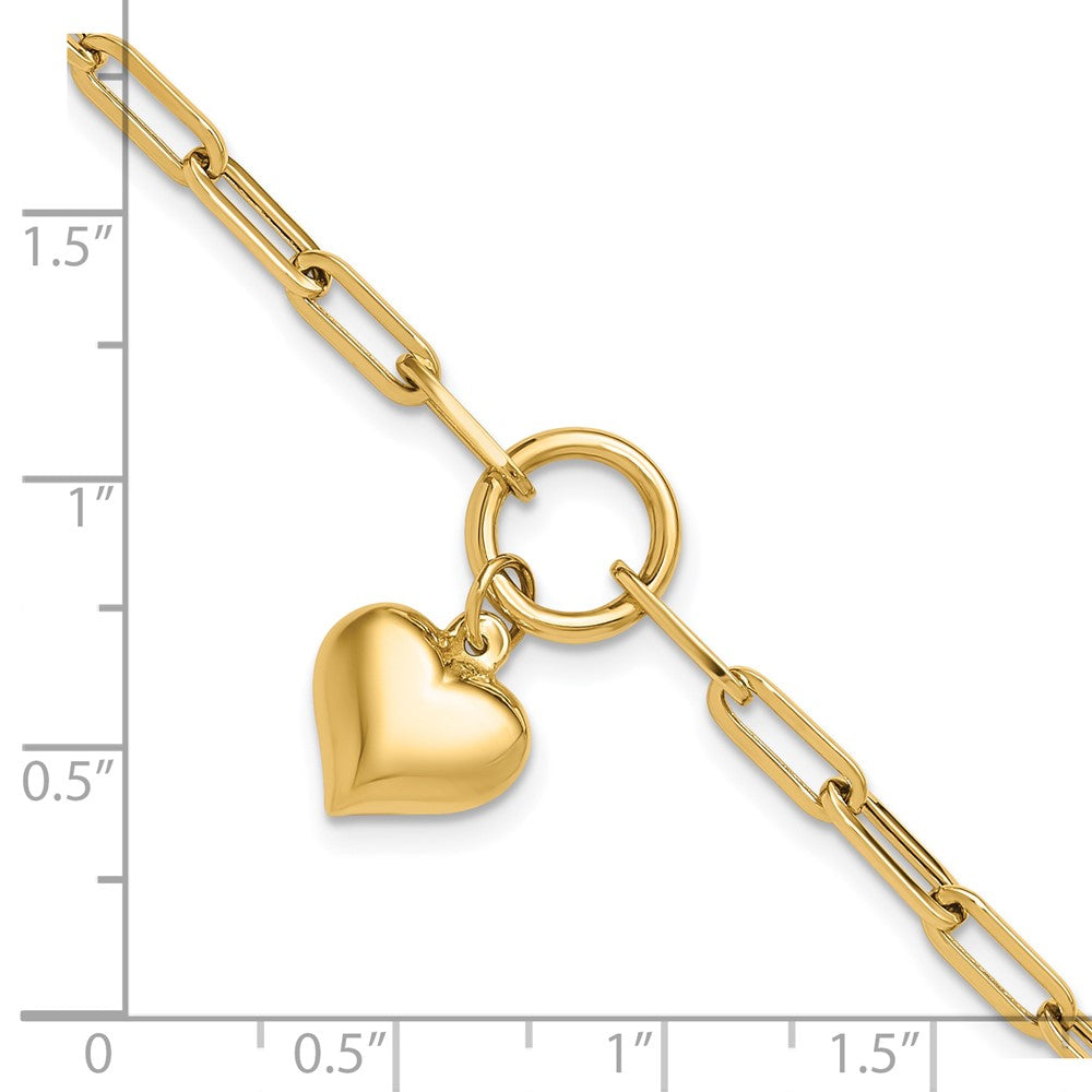 10K Polished Puff Heart Paper Clip Link Bracelet