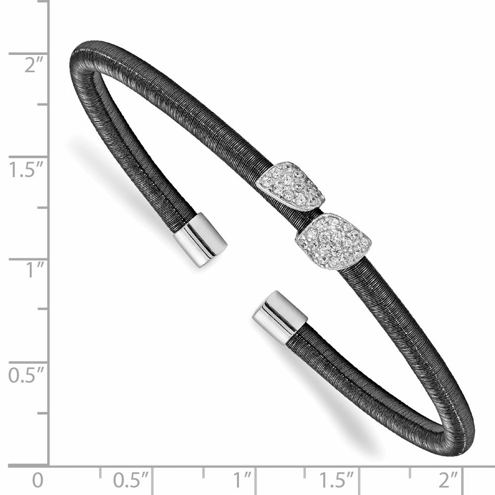 Sterling Silver Rhodium & Ruthenium CZ Leaf Cuff Bangle