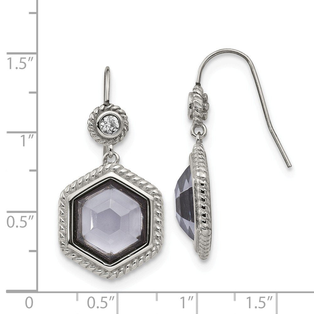 Stainless Steel Antiqued and Polished w/Grey Glass and CZ Earrings