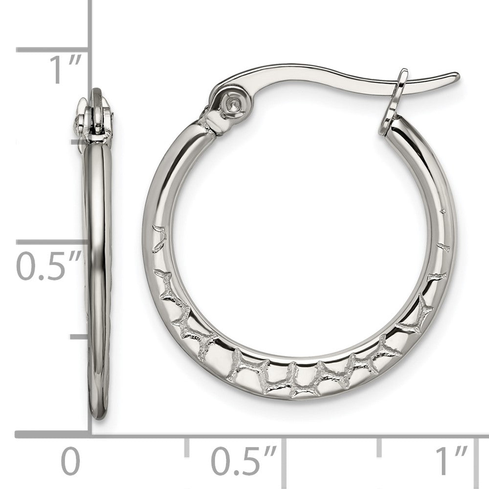 Stainless Steel Polished and Textured 20mm Diameter Hoop Earrings