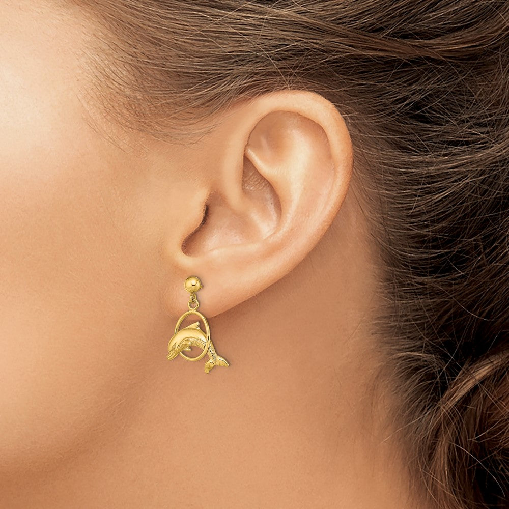 10K Polished Dolphin Jumping Through Hoop Earrings