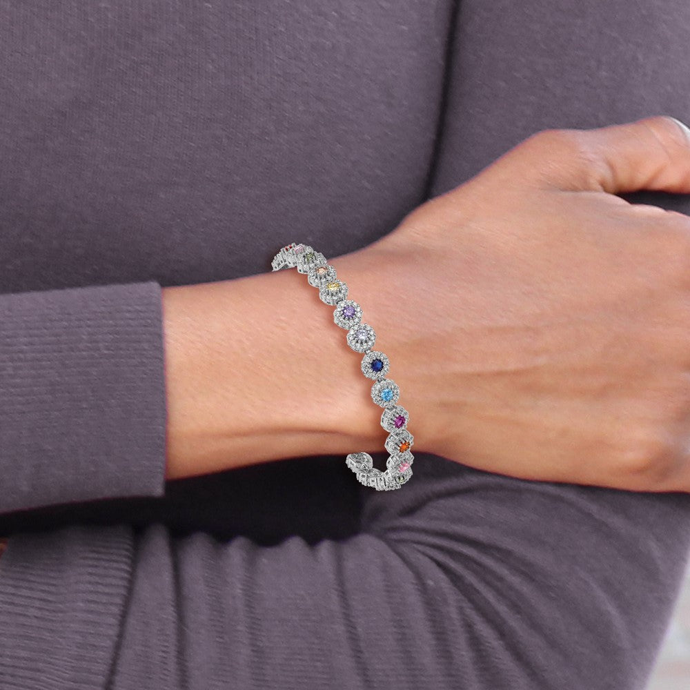 Prizma Sterling Silver Rhodium-plated White and Colorful CZ Adjustable Bolo Bracelet