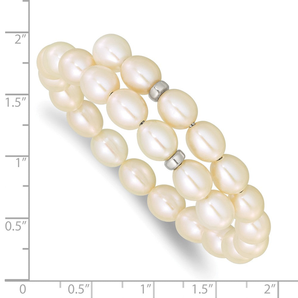 Sterling Silver Rhodium-plated 7-8mm White Rice Freshwater Cultured Pearl Flexible 7.5 inch Bracelet 7.5 inches