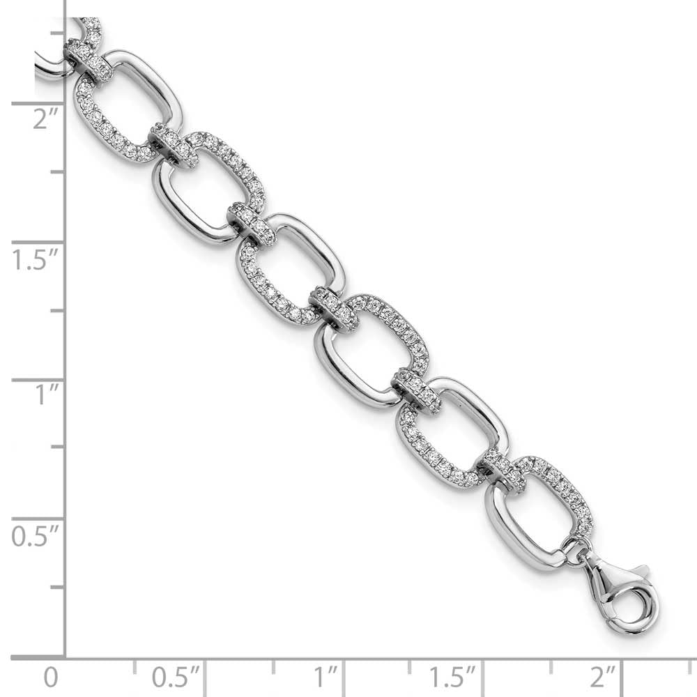 Sterling Silver Rhodium-plated Clear CZ and Polished Square Link 7.75 inch Bracelet 7.75 inches
