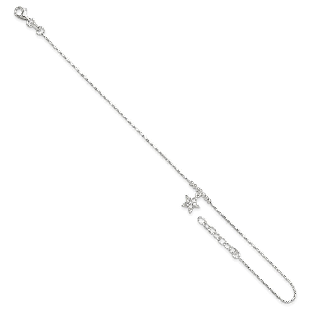 Sterling Silver CZ Star and Beads 9in Plus 1in Ext. Anklet 9 inches